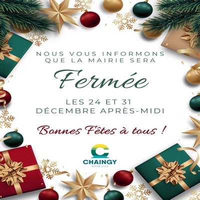 En raison des fêtes de fin d'année la Mairie sera exceptionnellement fermée au public les mercredis 24 et 31 décembre 2025 après-midi